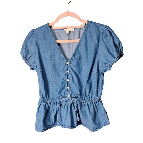 Derek Heart Women's Blue Chambray Peplum Top Short Puff Sleeves Blouse, Size M - Picture 1 of 4